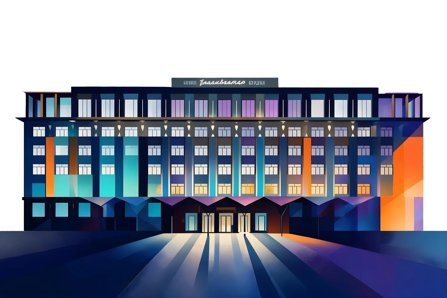 Illustration of the Ulaanbaatar Hotel at night, windows lit in violet, cyan and orange